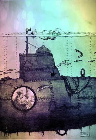 submarine and swimmer